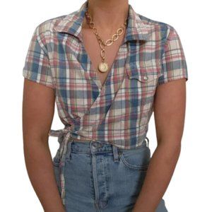 90s Pastel Plaid Wrap Front Crop Top